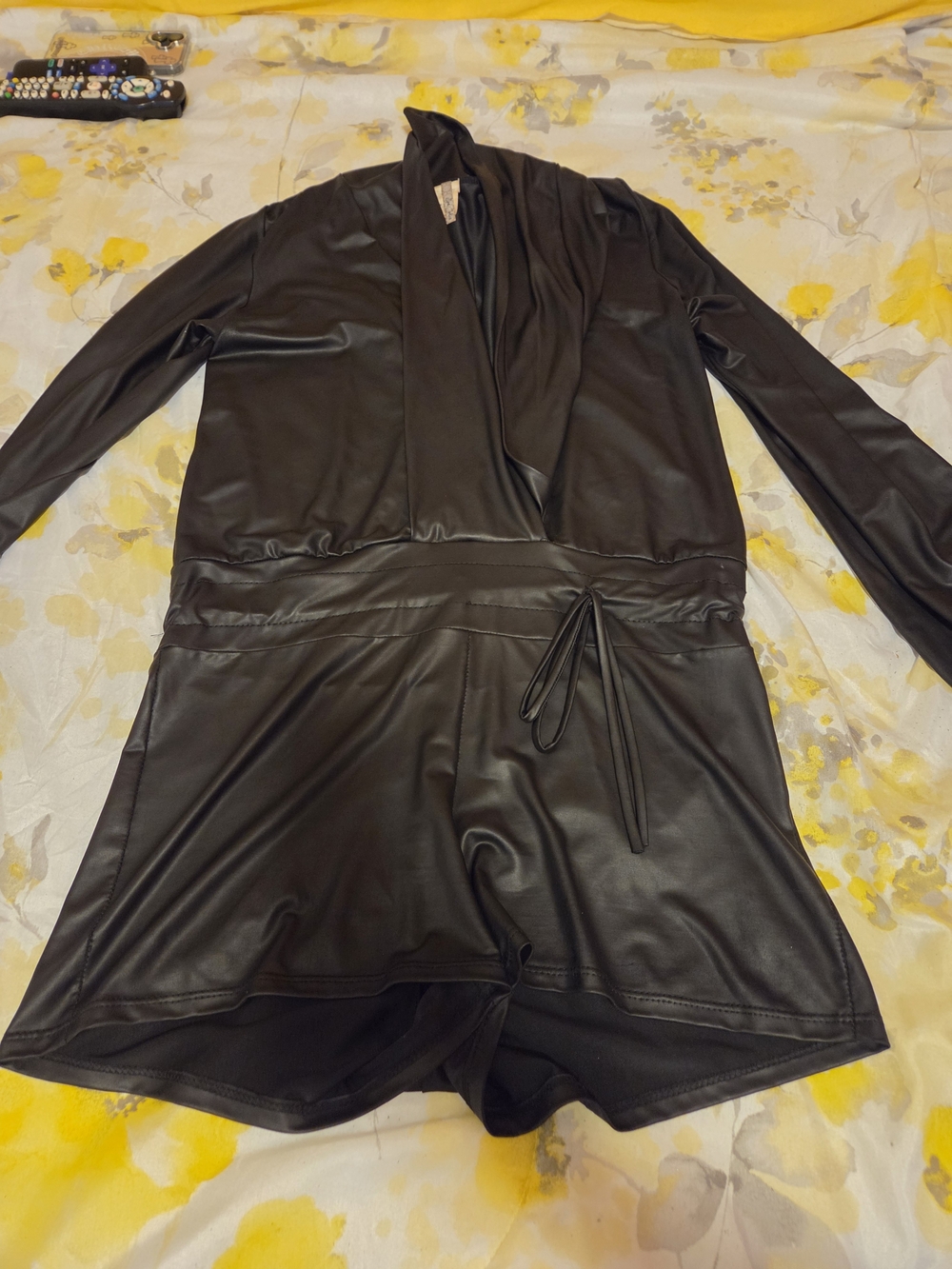 Black Faux Leather Wrap Romper